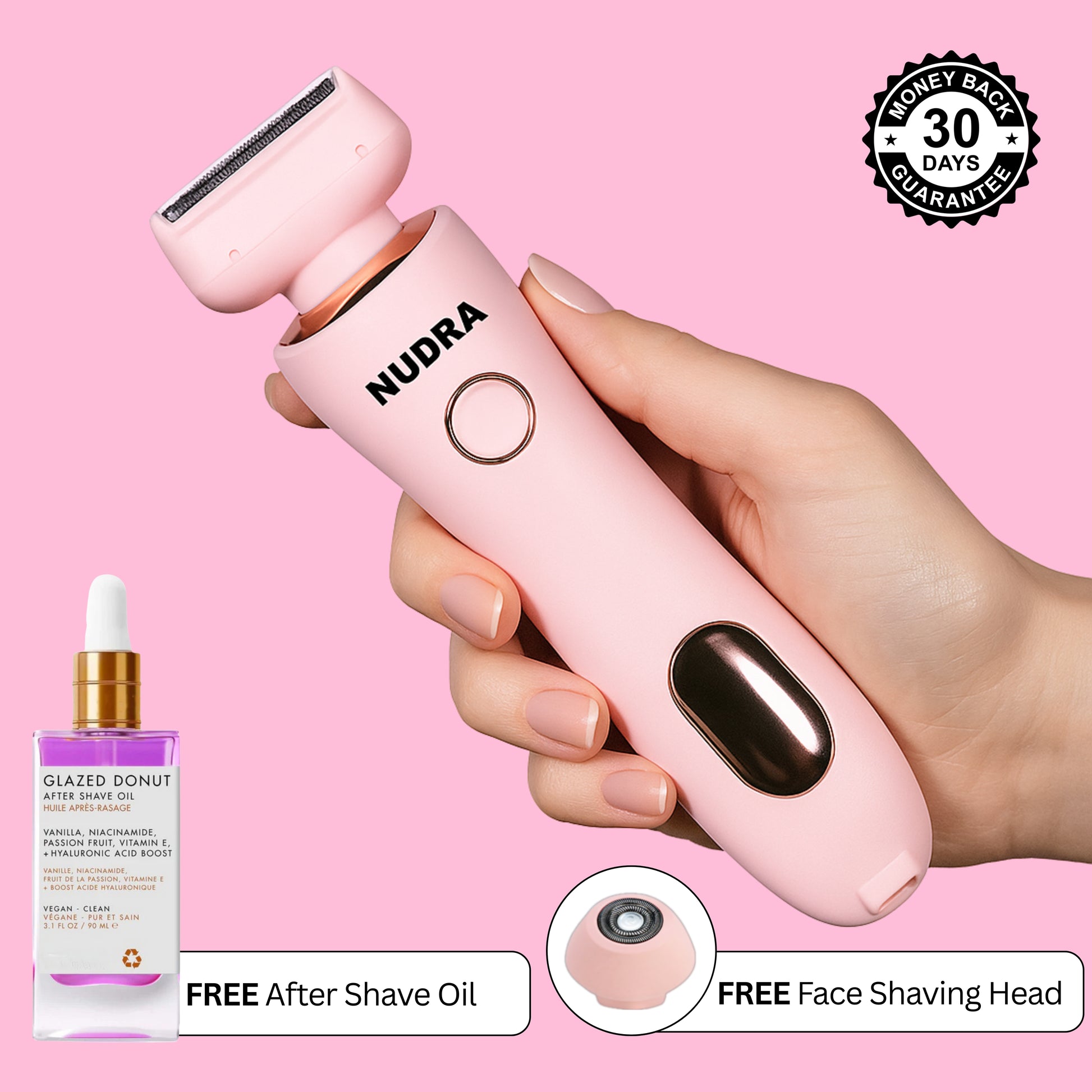 SleekGlide Pro™ electronic shaver in hand, featured with after shave oil and face shaving head, showcasing skin-safe design.