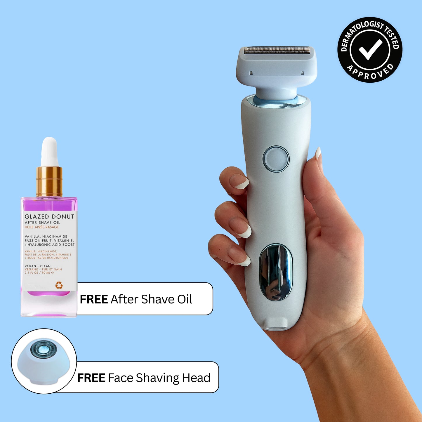 𝗦𝗹𝗲𝗲𝗸𝗚𝗹𝗶𝗱𝗲 𝗣𝗿𝗼™ hair removal device with free after shave oil and face shaving head.