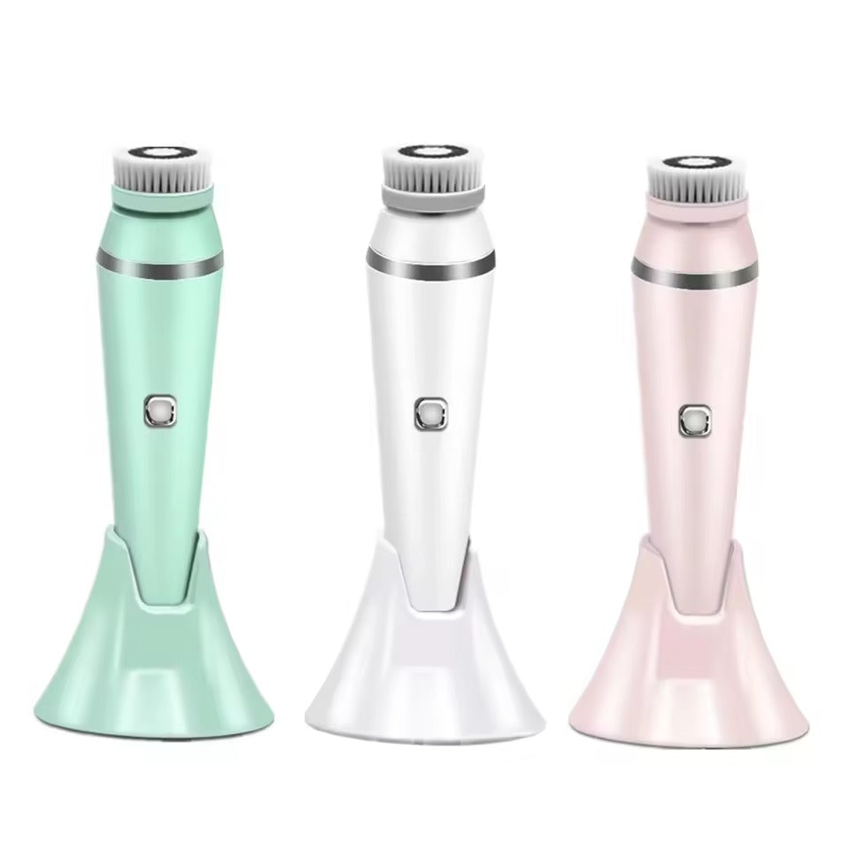 Facial Cleansing Brush set in mint green, white, and pink colors displayed on a white stand.