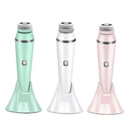 Facial Cleansing Brush set in mint green, white, and pink colors displayed on a white stand.