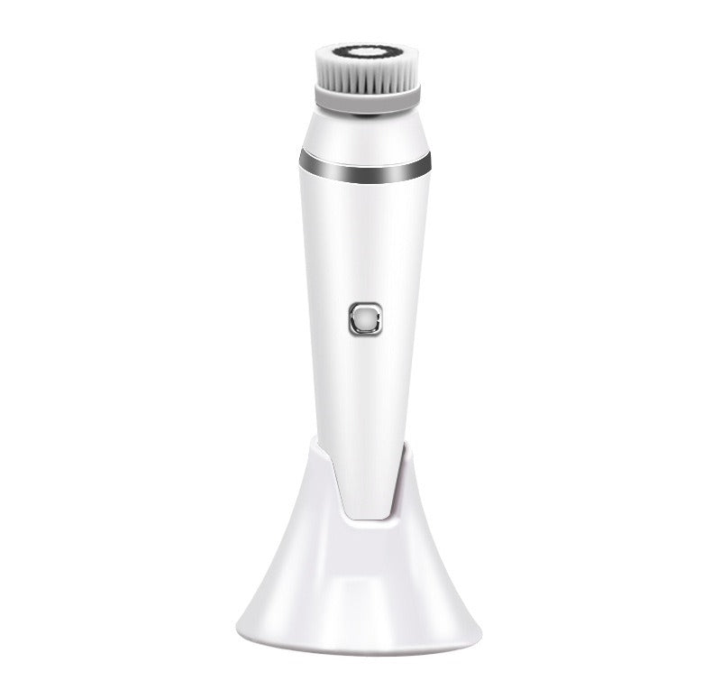Facial Cleansing Brush in a sleek white design with a charging stand for effective facial cleansing.