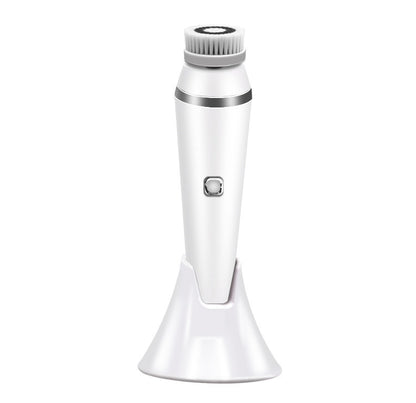 Facial Cleansing Brush in a sleek white design with a charging stand for effective facial cleansing.
